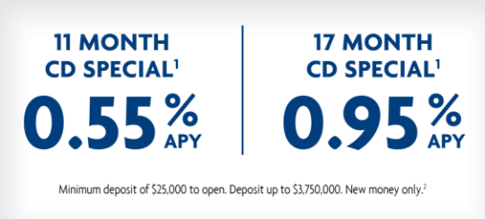 11 month CD special 0.55% APY; 17 Month CD Special 0.95% APY. Conditions apply.